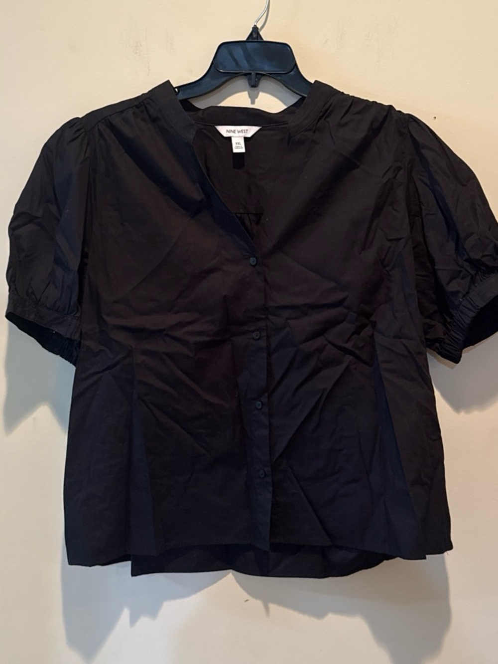 Nine West Black Short Puff Sleeve Button-Front Blouse